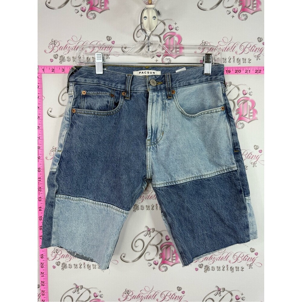 PACSUN slim taper Two-Tone Patchwork Denim Shorts - Blue